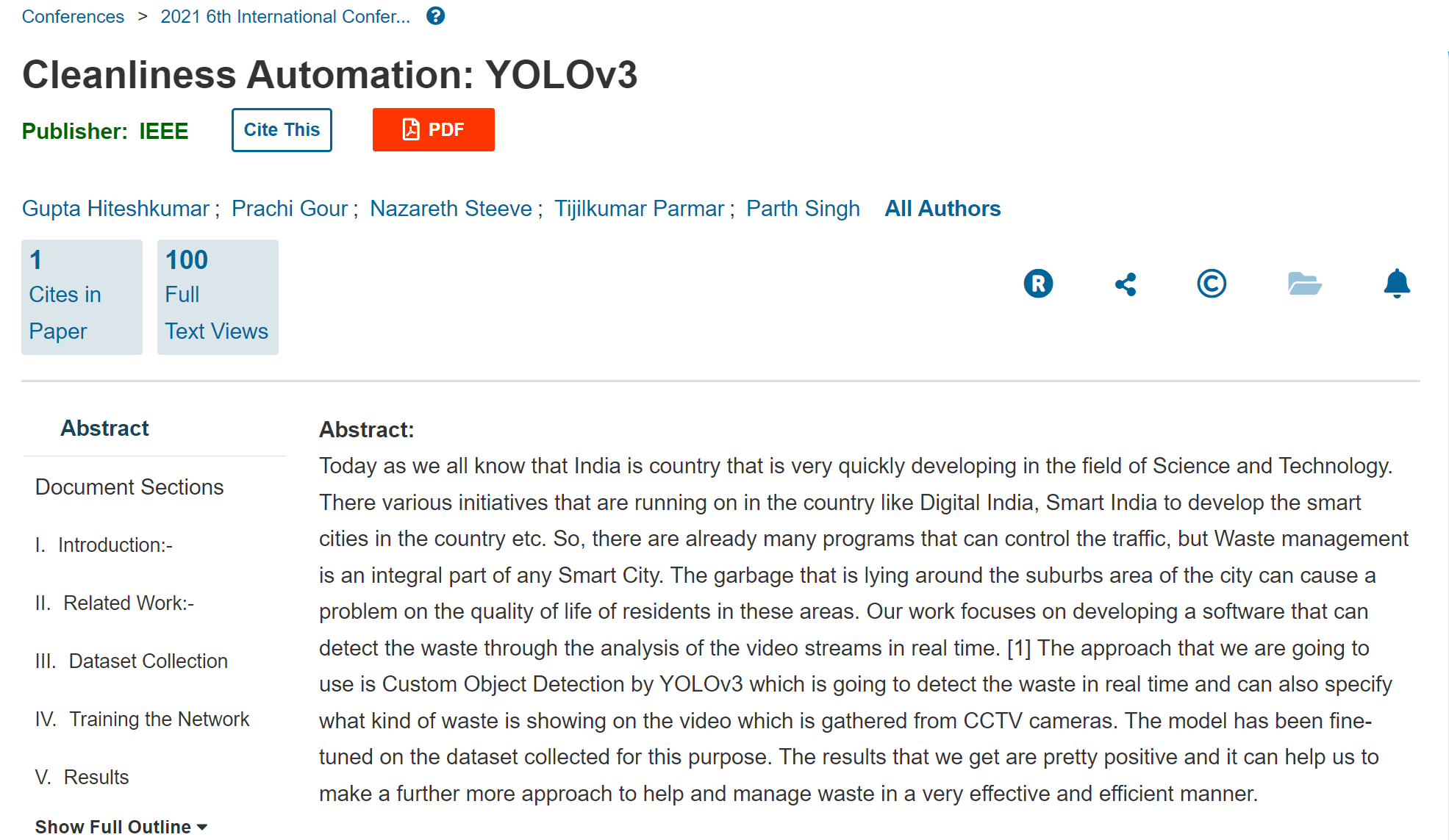 IEEE Xplore publication page for Cleanliness Automation: YOLOv3