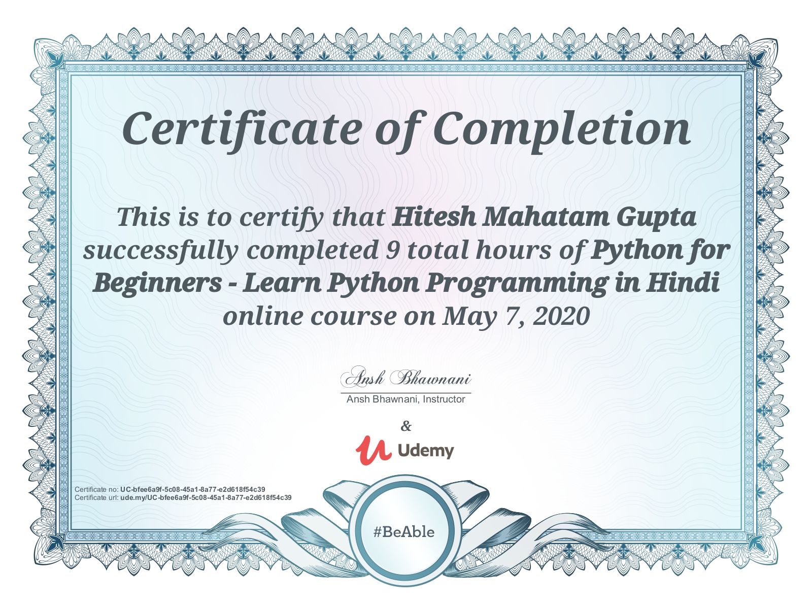 Python for Beginners certificate